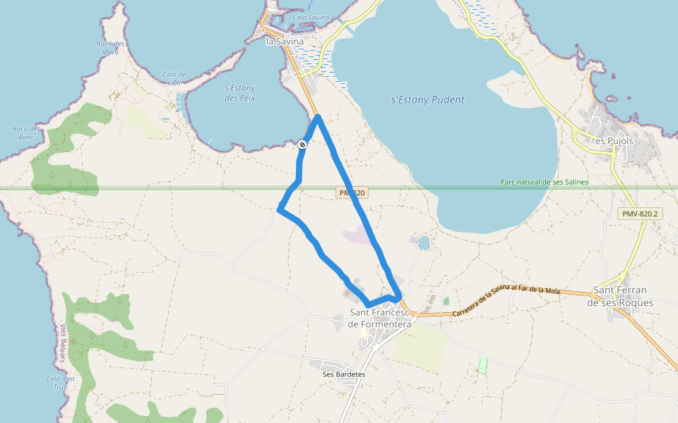 Parc natural de ses Salines walking route map in Formentera