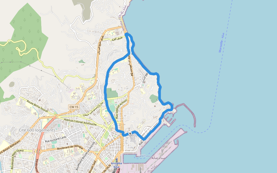 Plage Fellah Rachid walking route map in Annaba