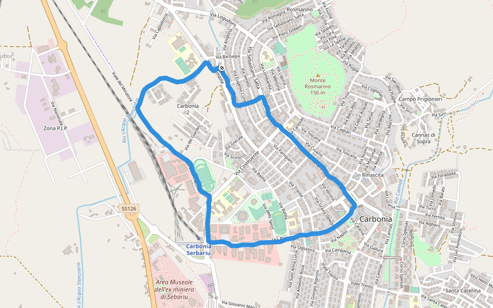 Stadio Carlo Zoboli walking route map in Carbonia