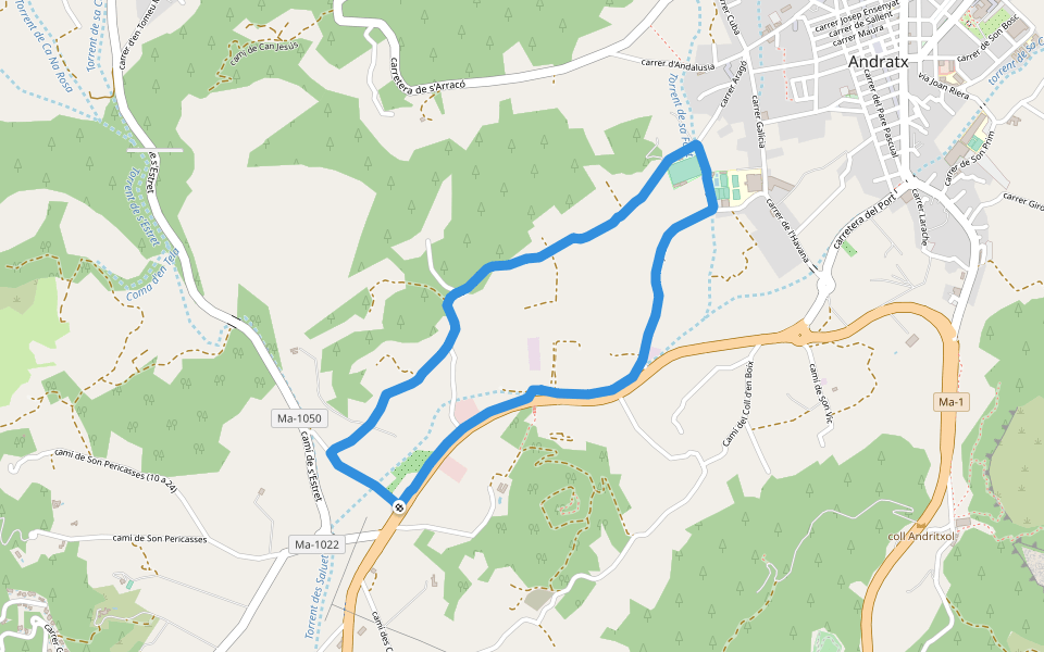 Camp de futbol de Sa Plana walking route map in Andratx