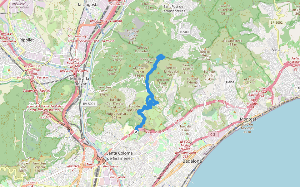 la Coscollada - Camí de Sant Jeroni de la Murtra walking route map in Badalona