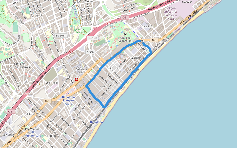Platja del Pont d'en Botifarreta walking route map in Badalona