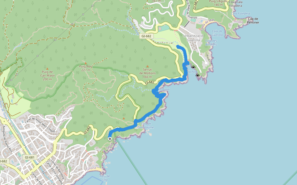 Serrat deMoltons - Camí de Ronda walking route map in Tossa de Mar