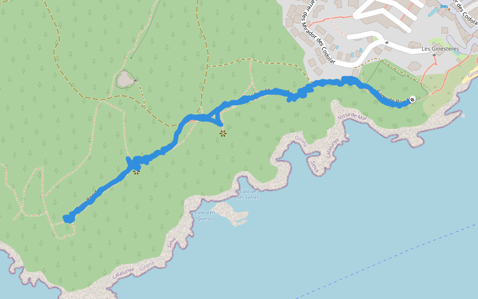 Cala d'en Queros walking route map in Tossa de Mar