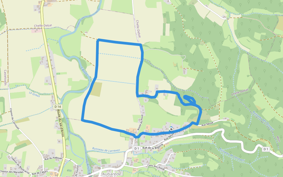 Aubarede walking route map in Aubarède