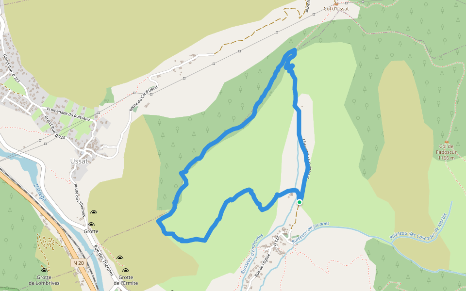 Chemin du Col d'Ussat walking route map in Ornolac-Ussat-les-Bains