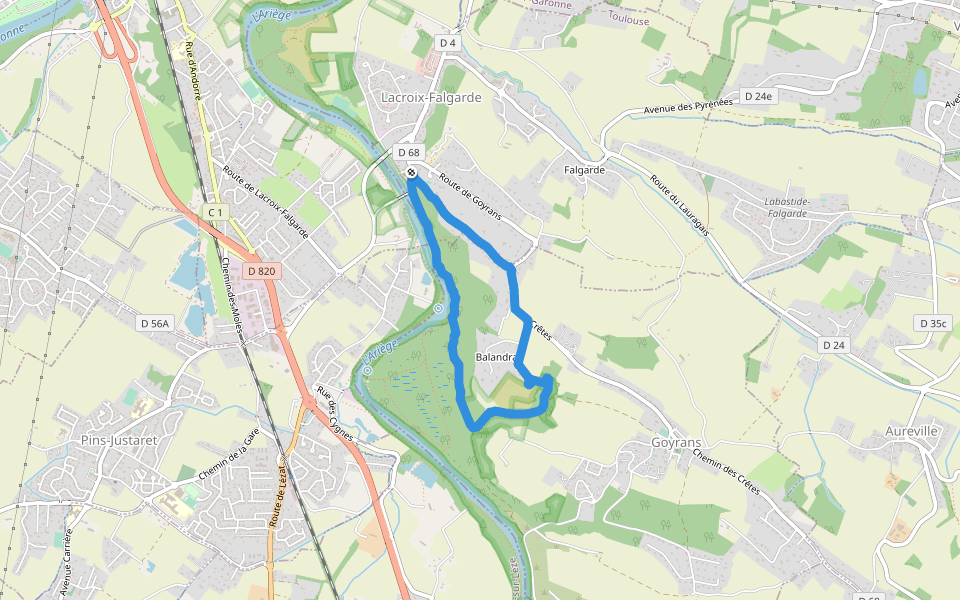 Chemin de la Côte du Bugat walking route map in Lacroix-Falgarde