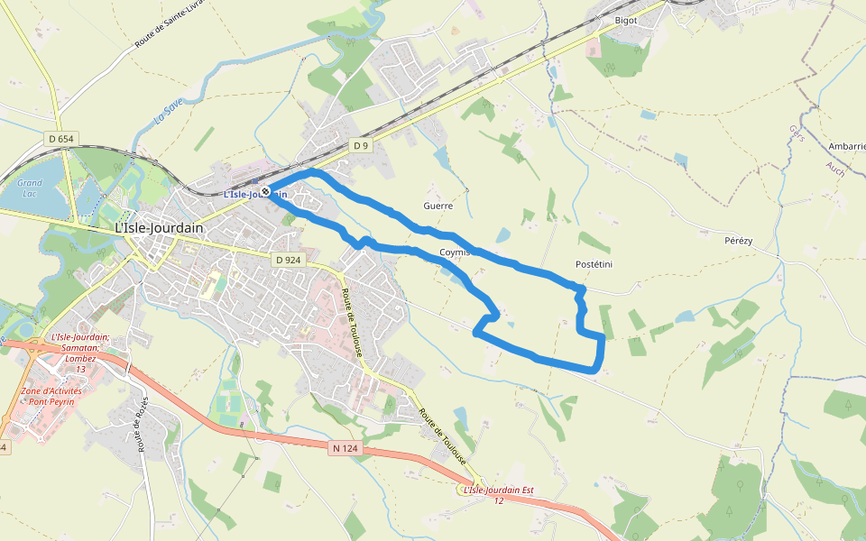 Chemin de la Coustère (GR 653) walking route map in L'Isle-Jourdain
