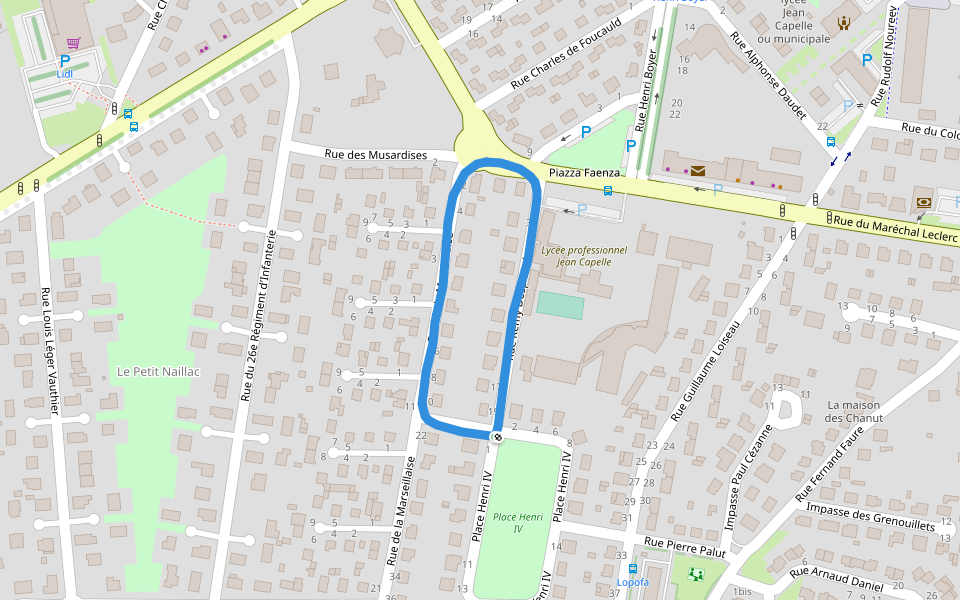 Piazza Faenza walking route map in Bergerac