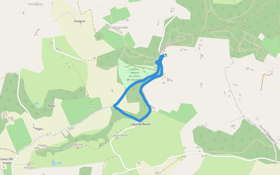 Espace Nature et Loisirs de Lascrozes walking route map in Hautefage-la-Tour