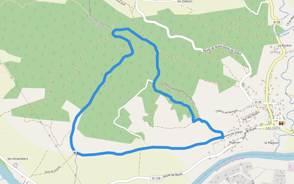Chemin de Font Jean walking route map in Buzet-sur-Tarn