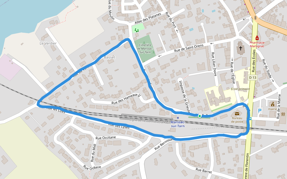 Square des Tilleuls walking route map in Marssac-sur-Tarn