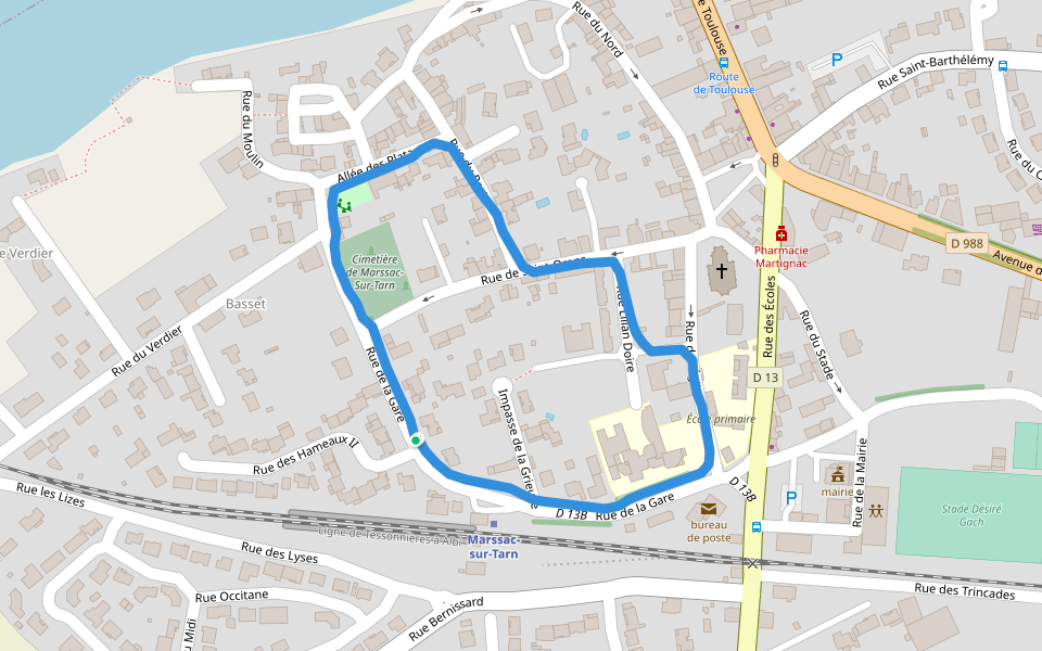Square des Tilleuls walking route map in Marssac-sur-Tarn