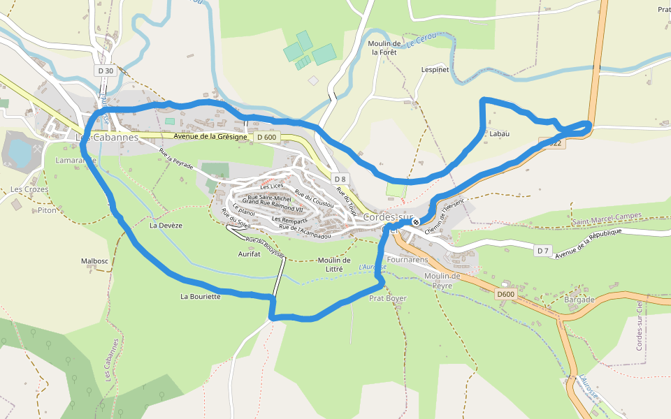 Place de la Bouteillerie walking route map in Cordes-sur-Ciel