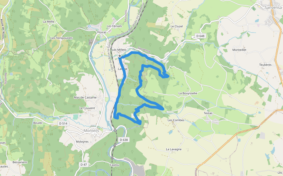 Chemin rural des Millets aux Combes walking route map in Monteils