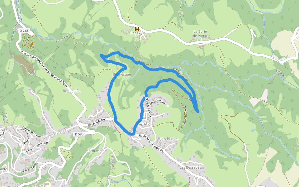 Route du Cayrou walking route map in Flagnac