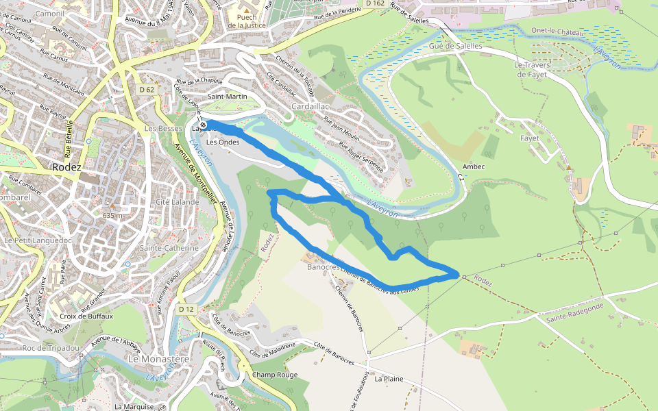 Chemin de Banocres aux Landes walking route map in Rodez