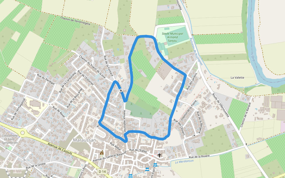 Stade Municipal Armand Sanjou walking route map in Maraussan