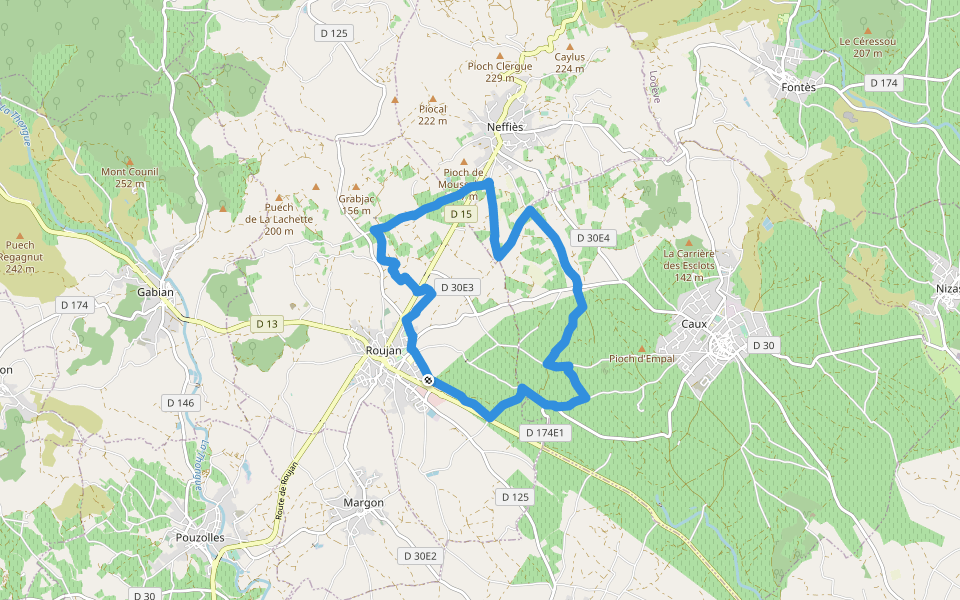 Stade Jean Raynal walking route map in Roujan