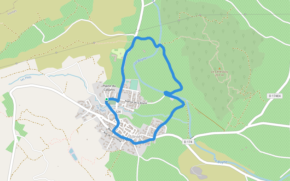 Tennis Club des Mazets walking route map in Fontès