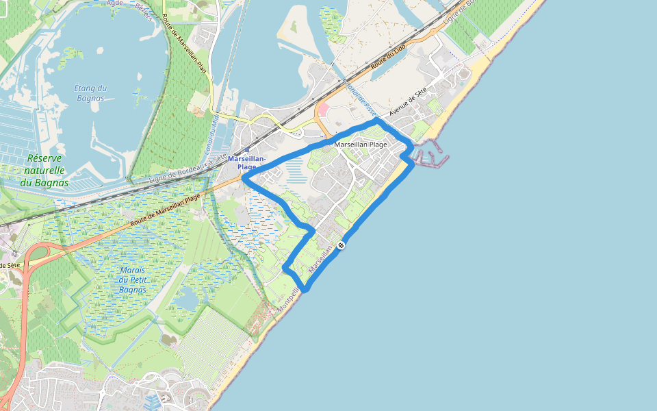 Golfe du Lion walking route map in Marseillan