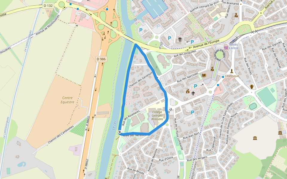 Le Lez walking route map in Lattes