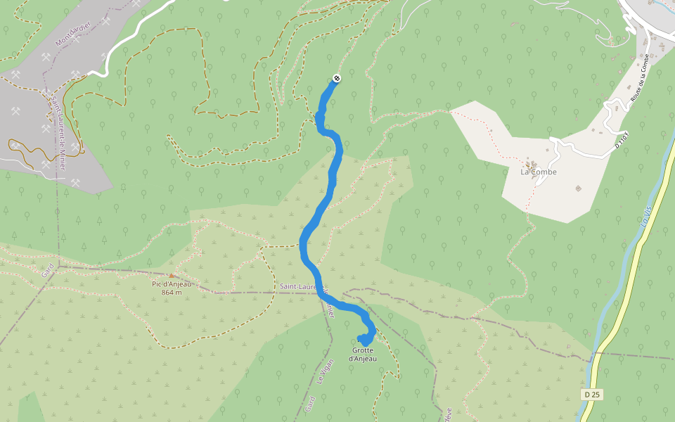 Grotte d'Anjeau walking route map in Saint-Laurent-le-Minier