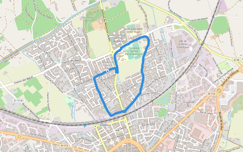 Complexe sportif Pierre Ramadier walking route map in Lunel
