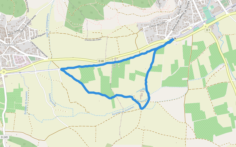 Chemin des Côtes walking route map in Calvisson