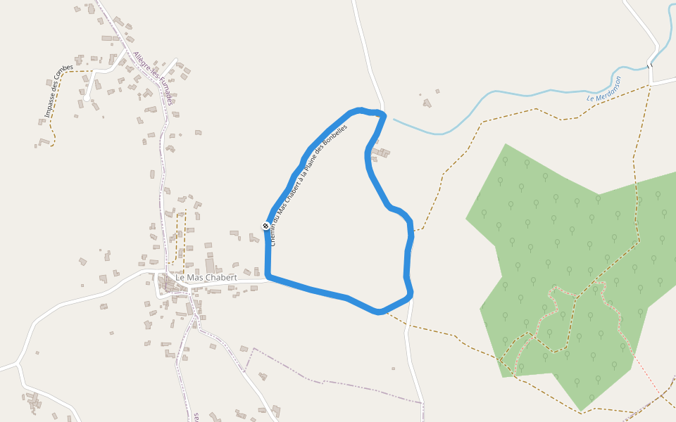 Chemin du Mas Chabert à la Plaine des Bonbelles walking route map in Allègre-les-Fumades