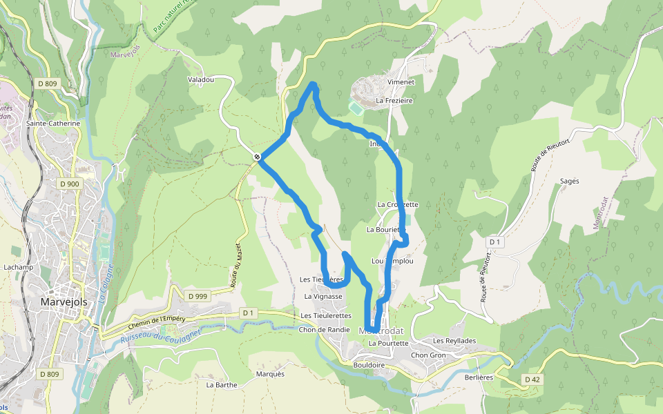 Chemin de Coste Drèche walking route map in Montrodat