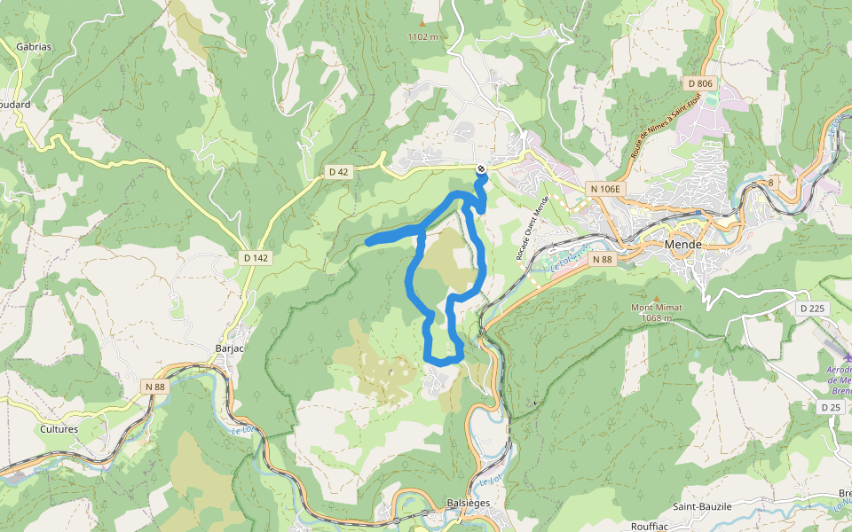 Route forestière du Ravin de l'Adrech walking route map in Mende