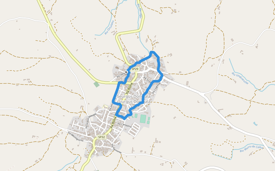 Riu Meriagu walking route map in Donigala