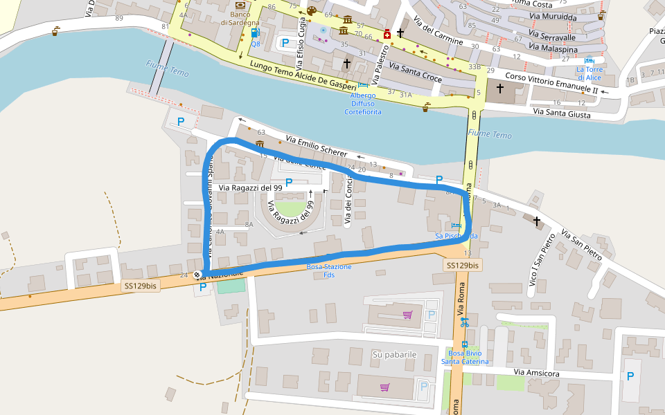 Fiume Temo walking route map in Bosa