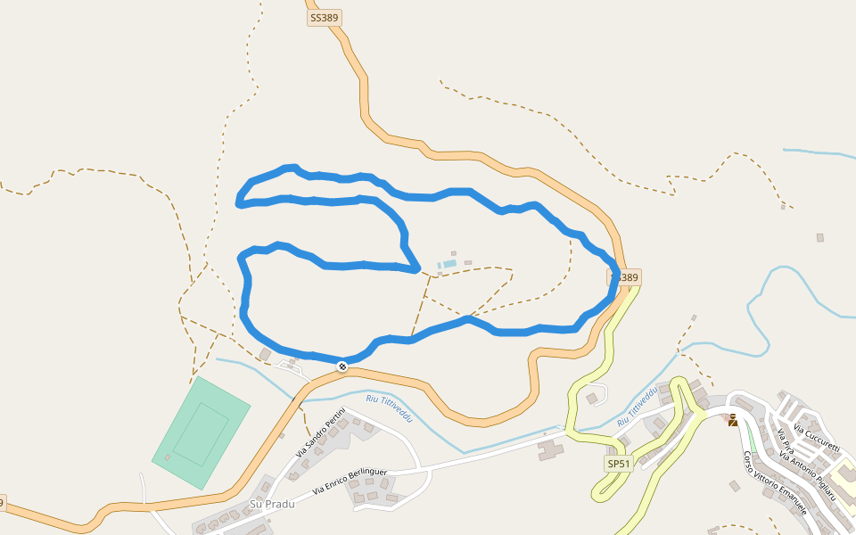 Riu Tittiveddu walking route map in Su Pradu