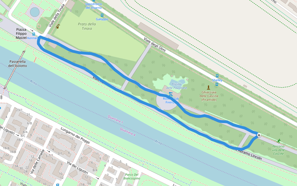 Parco delle Cascine walking route map in Firenze