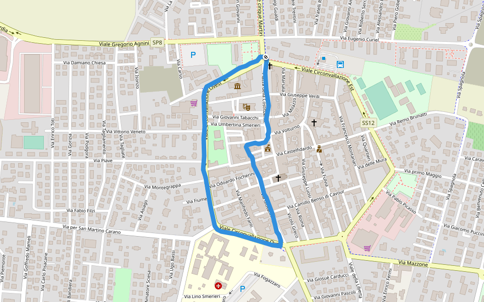 Giardini di sopra walking route map in Mirandola