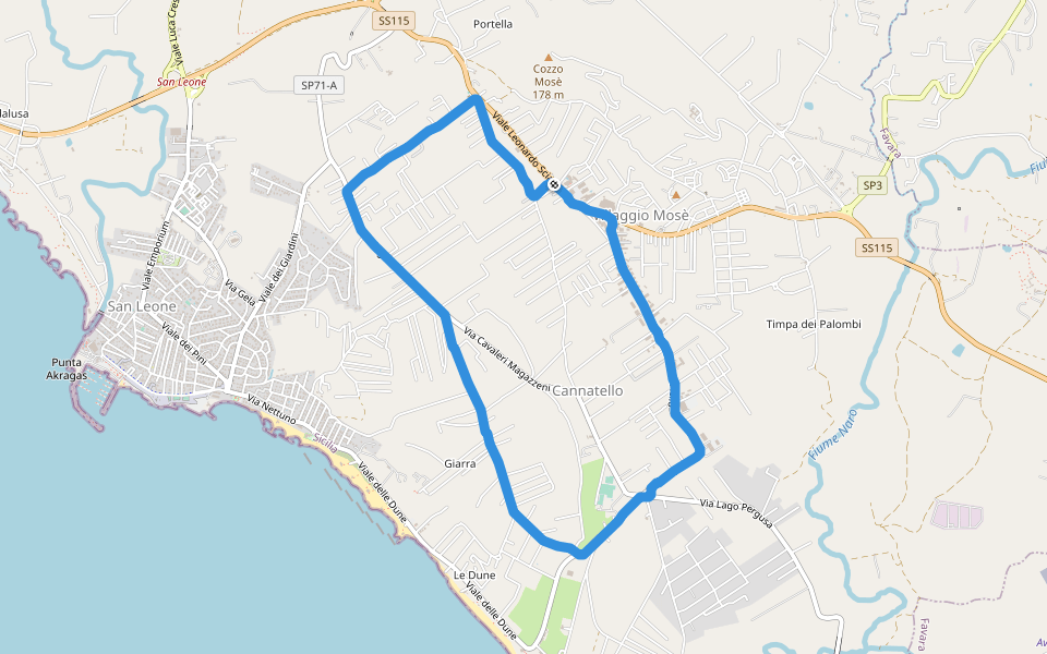 Via dei Fiumi walking route map in Villaggio Mosè