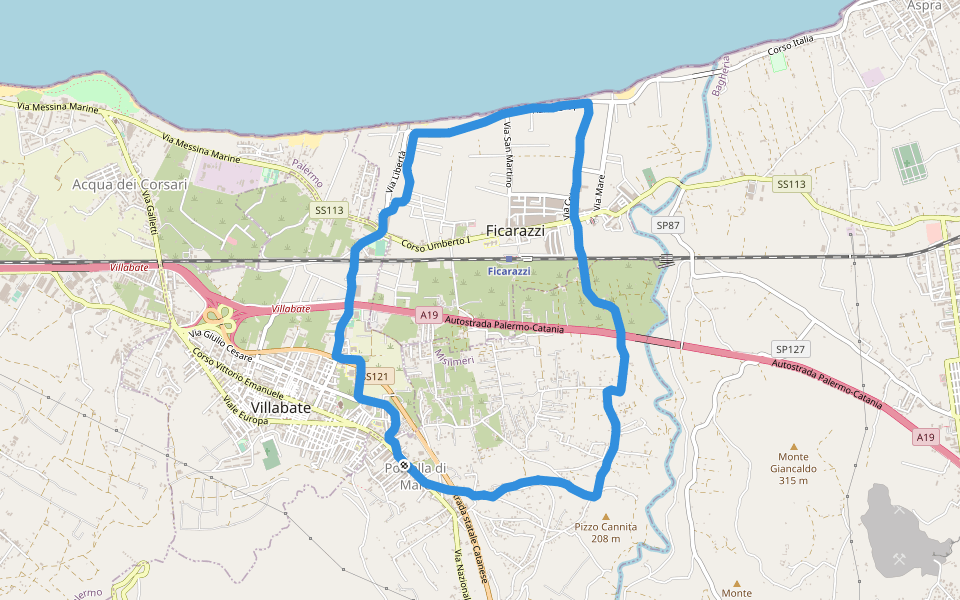 Via Eleuterio walking route map in Portella di Mare