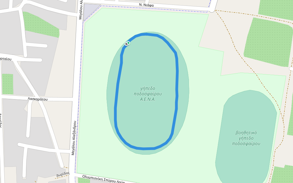 γήπεδο ποδοσφαίρου Α.Ε.Ν.Α. walking route map in Lamia
