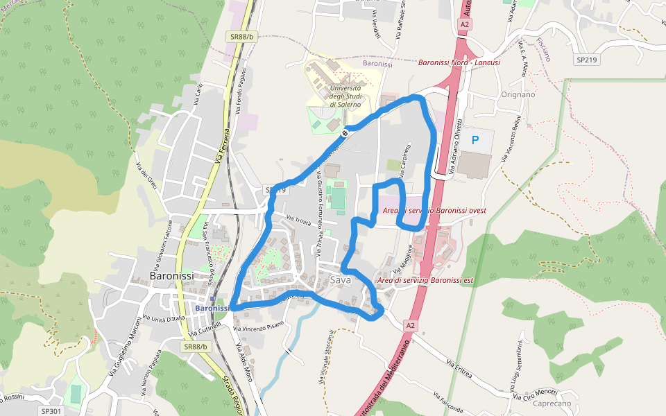 Università degli Studi di Salerno walking route map in Baronissi