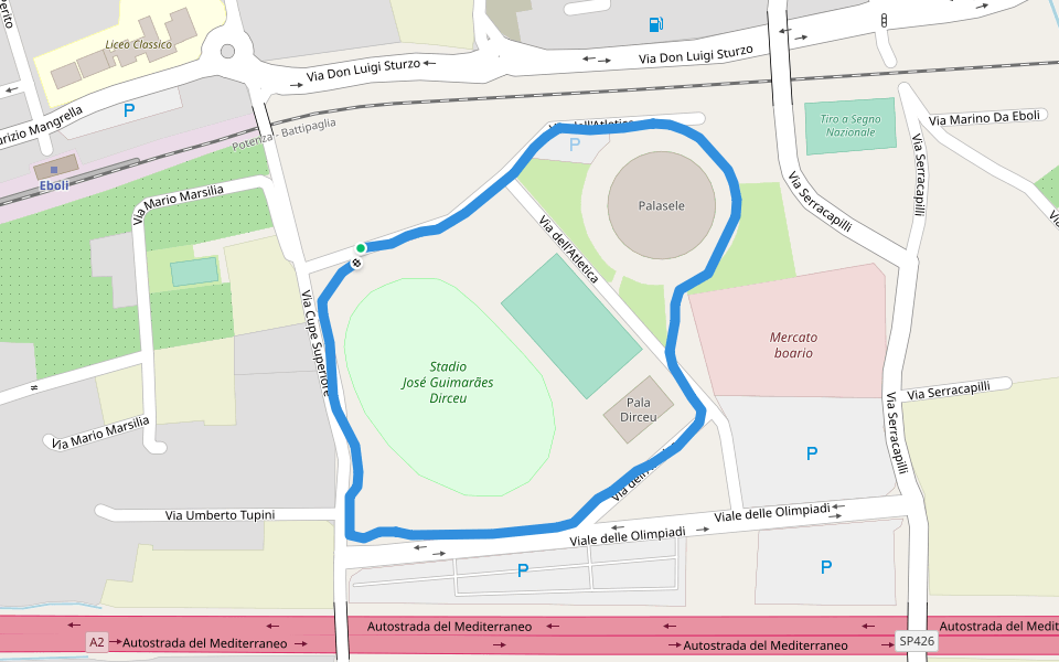 Stadio José Guimarães Dirceu walking route map in Eboli