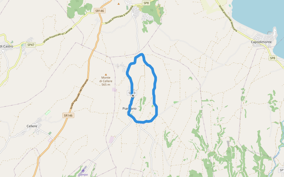 Fosso Arrone walking route map in Piansano