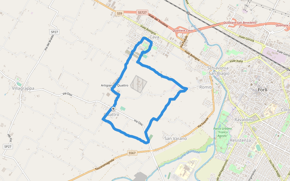 Parco Leopoldo Bertozzi walking route map in Quattro