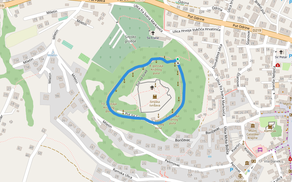 Sinjska tvrđava walking route map in Sinj