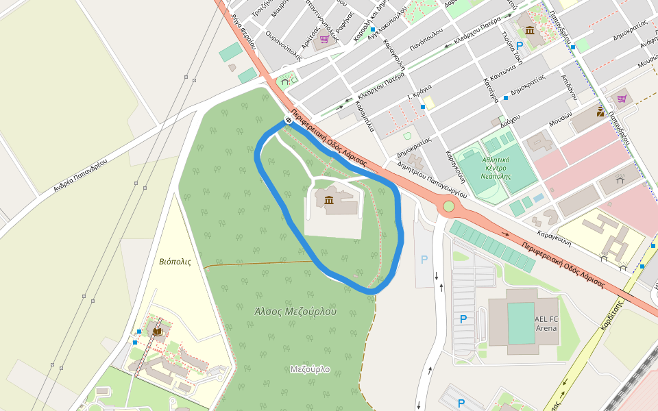 Άλσος Μεζούρλου walking route map in Larisa