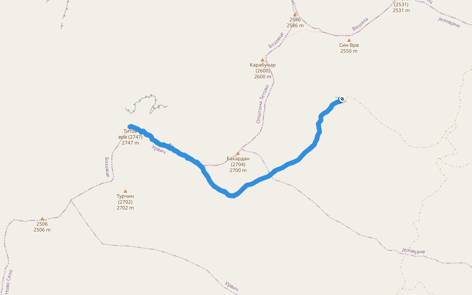 Бакардан (2704) - Титов врв (2747) walking route map in Novo Selo