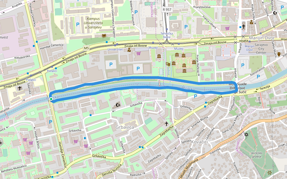 Miljacka walking route map in Sarajevo