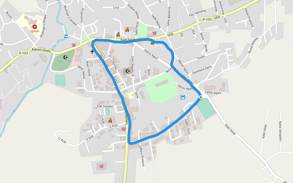 Fusha e Futbollit Demush Mavraj walking route map in Istog