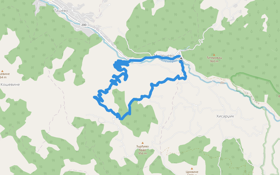 Манастир Милешева walking route map in Милешево